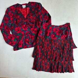 Raul Blanco Vintage 80s Red and Blue Bow Blazer Tiered Skirt Suit Set